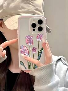 1 pieza Funda de teléfono transparente con marco rosa, funda de teléfono con patrón de tulipán rosa de tecnología minimalista, protección de lente anti-caída y anti-colisión compatible con iPhone 16 Pro Max, 17/16/15/14 Plus/13/12/11, Air - Multicolor - Ver 3