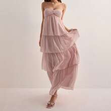 Women's Casual Loose Elegant Hanging Neck Ruffle Multi Layered Solid Color Dresses Shopping Party Vacation Club Wear Fashion Summer Daily Simple Chest Pleated Backless Dresses - Hồng - Xem 6
