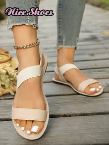 女士平底凉鞋，夏季罗马风露趾编织带无后跟凉鞋，舒适夏季鞋履，适合日常穿着，时尚露趾设计，透气性好，百搭休闲凉鞋，可搭配任何服饰。黑色凉鞋、白色凉鞋、棕色凉鞋 - 米色 - 查看 5