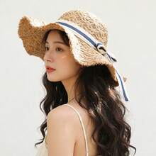 1顶夏季草编遮阳帽，女士宽檐沙滩帽，法式蝴蝶结装饰，防晒美观，适合度假，软帽设计，适合旅行、海滩度假，夏季时尚必备，显脸显瘦，时尚遮阳帽 - 遮陽帽 - 查看 2