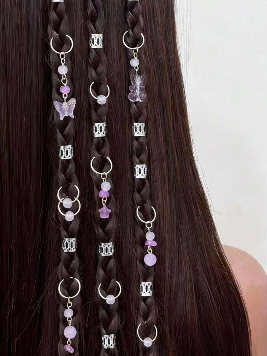 30 piezas de ligas para el cabello de punto con borlas rosas para niñas, accesorios para el cabello mixtos con oso, mariposa, estrella y perla, decoración para el cabello de mujeres y niñas - Púrpura malva - Ver 1