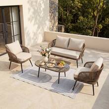 LITTLE TREE 4-Piece Outdoor Patio Furniture Set, Wicker Rattan Conversation Furniture Set With Removable Cushions And Glass Coffee Table For Balcony, Backyard Porch, Poolside - màu nâu - Xem 1