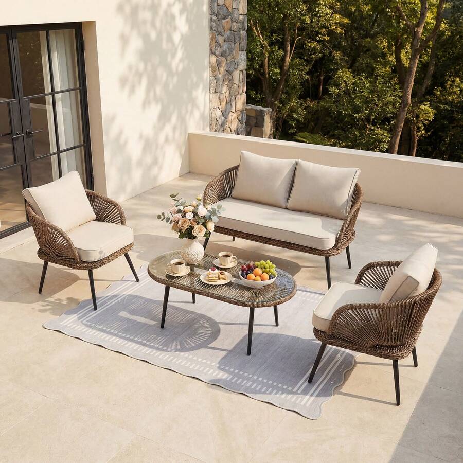 LITTLE TREE 4-Piece Outdoor Patio Furniture Set, Wicker Rattan Conversation Furniture Set With Removable Cushions And Glass Coffee Table For Balcony, Backyard Porch, Poolside - màu nâu - Xem 1