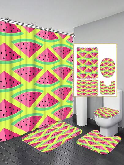 1/3/4件套西瓜切片夏季主题浴室套装，家居装饰，浴室帘，浴室配件套装，包含浴帘和浴室帘套装。多种尺寸可选，配套齐全，采用耐用防霉涤纶面料，装饰性浴室套装包含浴帘、U型马桶垫、防滑地垫、马桶座套和12个浴帘挂钩，适合作为母亲节礼物或开学季礼物。