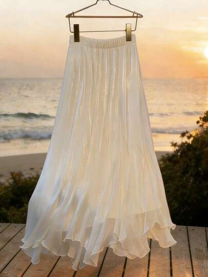 Women's Elegant Chic Party/Date Minimalist Solid Color Elastic Waist Pleated Skirt