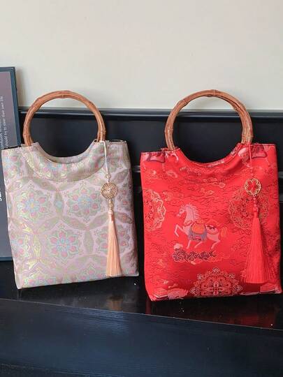 Brokat Glücksblumen Bambus Griff Handtasche, Quasten Dekor Vintage Pendlertasche, eleganter sanfter Stil Outdoor Tasche, geeignet für Cheongsam, Abendkleid, Damen Abendtasche