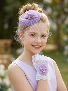 2pcs/Set Purple Tulle Rhinestone Bow Fascinator Hat + Bow Gloves For Girls & Teens, Wedding Photography Props, Party Photobooth Accessories, Wedding Decor - Purple - View 10