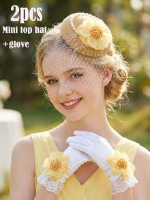 Set de 2 piezas: Sombrero fascinador con lazo de tul amarillo y cristales + Guantes con lazo para niñas y adolescentes, Set de 2 piezas: Minisom brero de tul beige, Accesorios para fotografía de boda, Decoración de boda, Accesorios para fotomatón de fiesta, Accesorios de boda, Corona floral, Corsage de muñeca, Conjunto para padres e hijos - Amarillo - Ver 2