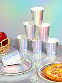 10pcs Rainbow Paper Plates, Round Disposable Plates Suitable For Cake, Salad, Pizza, Etc., Holographic Rainbow Silver Decor Party Supplies, Including 9-Inch Paper Plates, 7-Inch Laser Paper Plates, 9oz Paper Cups, Perfect For Garden Parties, Weddings, Anniversaries, Birthdays, Holidays - Multicolor - View 10