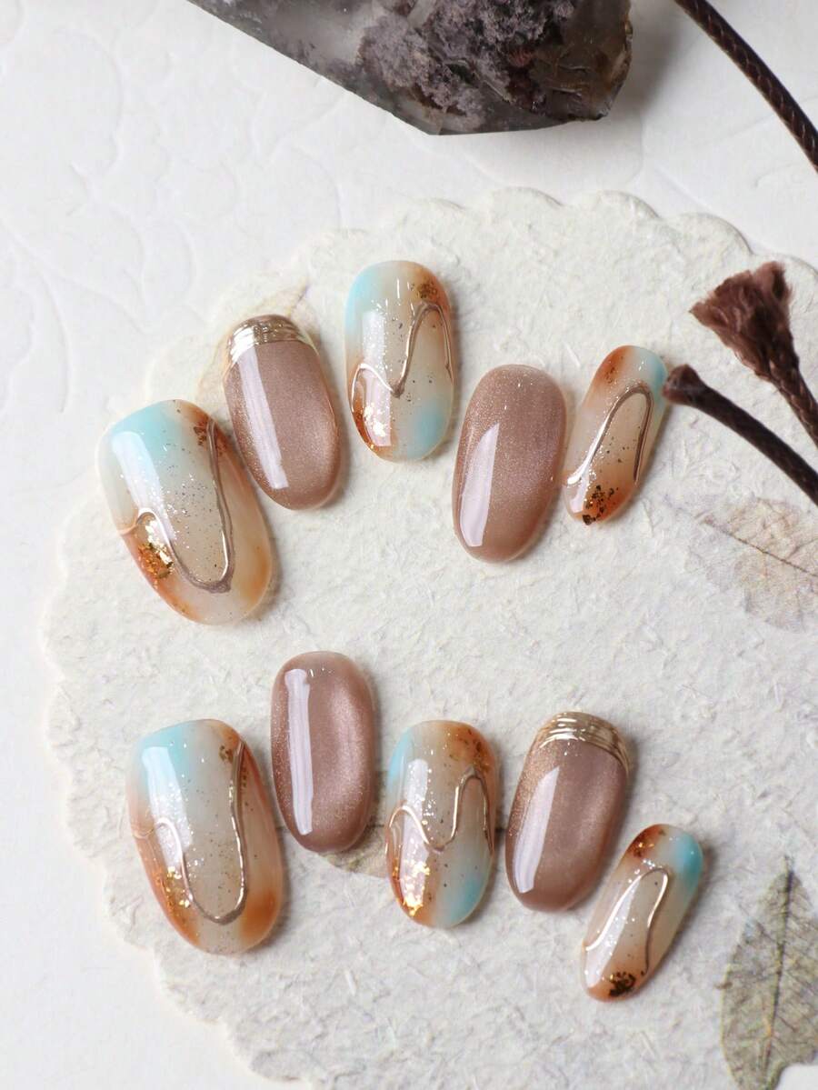 10 pièces Faux ongles marron yeux de chat verts avec fil doré. Fournitures pour faux ongles courts à porter au bureau et au quotidien. Kit de faux ongles artificiels comprenant 1 feuille d'onglets adhésifs et 1 mini lime - Multicolore - Voir 1
