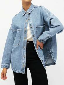 2026 Women Denim Shirts Oversized Long Sleeve Button Down Blouse Distresse Jean Jacket Spring Outfits - màu xanh da trời - Xem 2