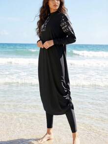 Women Modest Swimsuit Full Coverage Swimwear Islamic Hijab Swimming Burkini Swim Suit Solid Color Black Spring - Black - View 7