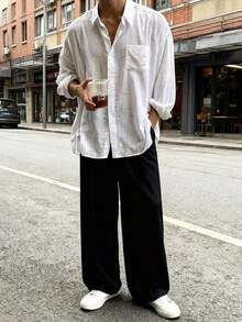 Men's Solid Color Long Sleeve Single-Breasted Pocket Loose Casual Shirt, Autumn - 白色 - 查看 8