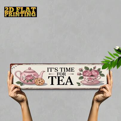 2D Flat, 1pc Vintage "Tea Time" Metal Wall Decor - Floral Teapot And Teacup Design For Tea Party Decoration, 4x16 Inch Durable Iron Plaque, Suitable For Kitchen, Tea Room, Christmas, Halloween, Easy To Hang Retro Wall Art, 2D Flat