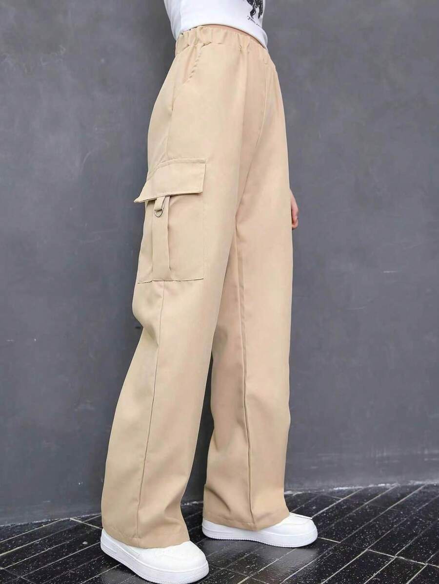 少女休闲时尚D形环口袋直筒阔腿裤，适合所有季节 - 卡其色 - 查看 1