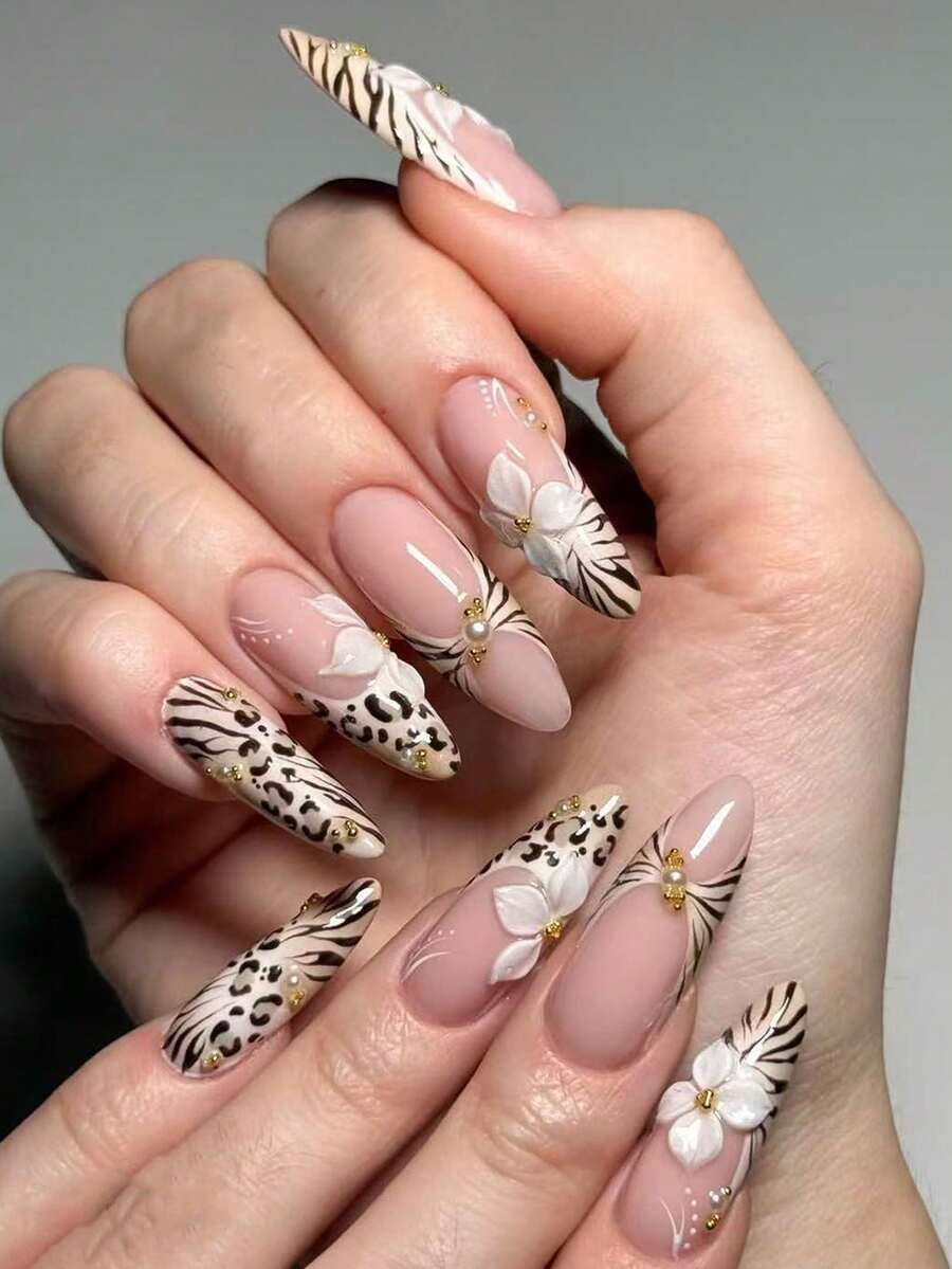 Bộ 24 móng giả dán, họa tiết hoa lan và da báo 3D nổi, kiểu dáng dài nhọn kiểu Pháp, sang trọng, có thể tháo rời, kèm 1 lọ sơn gel và 1 dũa móng, giúp nâng tầm phong cách của bạn cho các dịp lễ hội, sử dụng hàng ngày, phù hợp cho trường học, văn phòng và tiệc tùng. - Nhiều màu - Xem 1