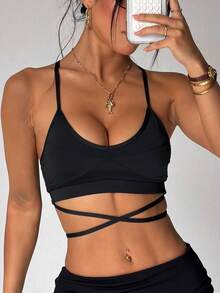 Women's Fashionable Solid Color Removable Padded Backless Tie-Up Sports Knit Bra - Black - View 4