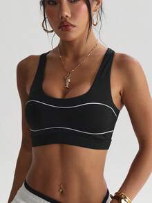 Women's Solid Color Removable Padded Criss-Cross Back Sports Knit Bra - الأسود - مشاهدة 5