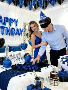 Juego de globos de cumpleaños negro y azul - Pétalos falsos, pancarta de feliz cumpleaños, globo de lámina en forma de corazón, globos de látex gruesos - Perfecto para fiesta de cumpleaños de hombres, compromiso, temporada de bodas, aniversario, despedida de soltera, despedida de novia - Estilo 1 - Ver 3