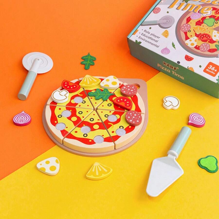 Wooden Pizza Toy, Cuttable & Combinable, Children's Pretend Play Realistic Food Model, Kindergarten Role-Playing Educational Tool - Multicolor - View 1