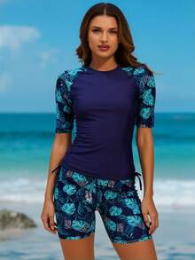 Competitive Swimsuit Women Two Piece - Sports Diving Print Bathing Suit, Solid Color Patchwork, Slimming Racerback Tankini Set, Athletic Training Swimwear - 彩色 - 查看 6