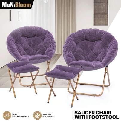 2 Set Round Folding Faux Fur Saucer Chair For Bedroom Living Room Dorm Foldable Metal Frame Oversized Large Comfy Furry Padded Soft Cozy Moon Chair With Footrest Ottoman For Adults