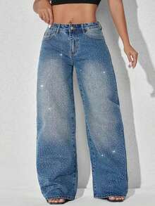 Low-Waist Wide-Leg Casual Blue Jeans With Slant Pockets & Beaded Embellishment Spring - 中等水洗 - 查看 5