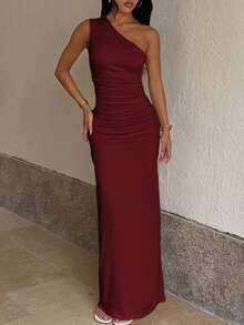 WOWDARK 女士夏季连衣裙，酒红色，时尚纯色斜肩褶皱优雅派对连衣裙，适合情人节、约会、聚会、派对、旅行、度假、海滩等场合，也适合春季婚礼穿着。 - 酒紅色 - 查看 2