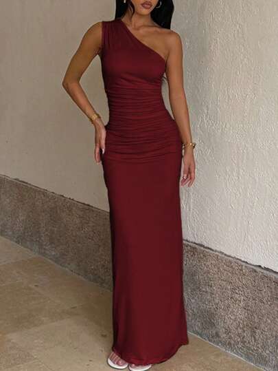 Vestido de verano para mujer WOWDARK, color vino tinto, vestido elegante de fiesta con hombros oblicuos fruncidos de unicolor, adecuado para el Día de San Valentín, citas, reuniones, fiestas, viajes, vacaciones, playa y otras ocasiones como bodas de primavera