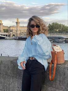 Women's Solid Color Loose Casual Turndown Collar Lantern Sleeve Shirt Spring - Baby Blue - View 3