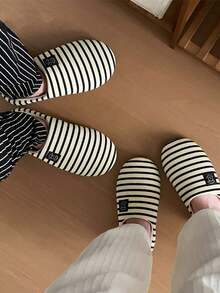 Pantufas listradas unissex, leves, silenciosas e com sola macia, bordado de urso, estilo retrô para ambientes internos, adequadas para todas as estações, pantufas casuais confortáveis e respiráveis. - Azul marinho - Ver 9