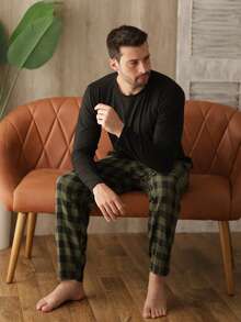 Men's Long Plaid Pajamas Cold Winter Flannel - 綠色 - 查看 3