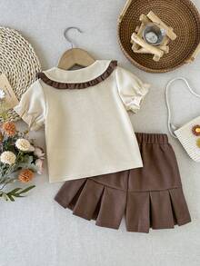 Girls' School Style Ribbed Set, Doll Collar Short Sleeve Shirt + Anti-Flashing Pleated Skort, Korean Sweet Style, Breathable For Spring/Summer, Suitable For School And Outings - Brown - View 2