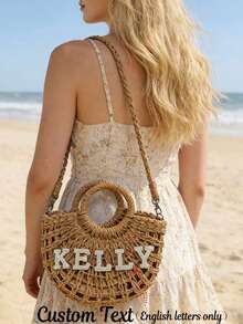 1 pieza Bolso de paja tejido a mano tipo bandolera, se puede personalizar con letras de perlas falsas, adecuado para vacaciones de primavera/verano, uso diario - Multicolor - Ver 1