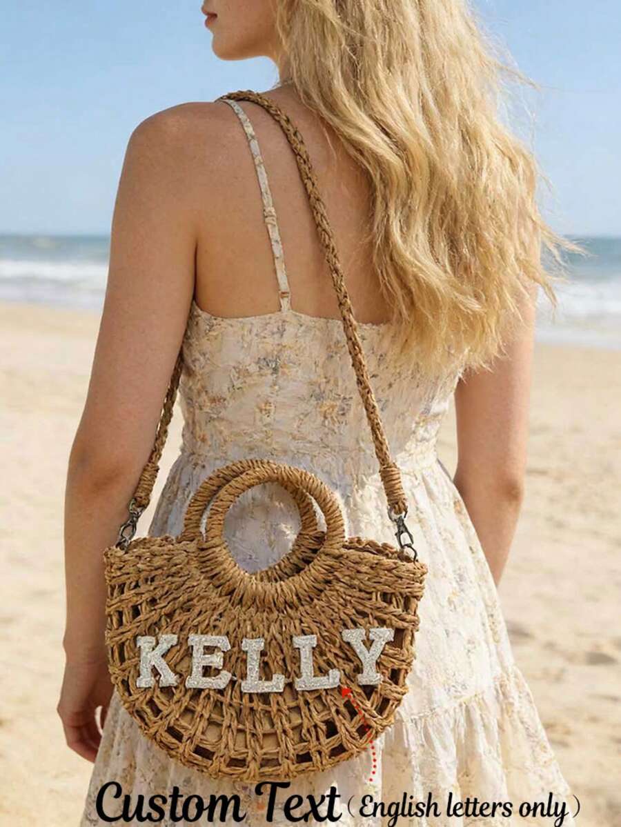1 pieza Bolso de paja tejido a mano tipo bandolera, se puede personalizar con letras de perlas falsas, adecuado para vacaciones de primavera/verano, uso diario - Multicolor - Ver 1
