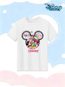 2026 Disney Magical Journey Series Girls' Round Neck T-Shirt With Mickey Mouse Head Outline Cartoon Print, Castle Fireworks And Balloons. 2026 Year Elements. Casual Top For Girls, Versatile For Everyday Wear And School. Breathable And Skin-Friendly, Can Be Paired With Shorts Or Skirts. - White - View 2