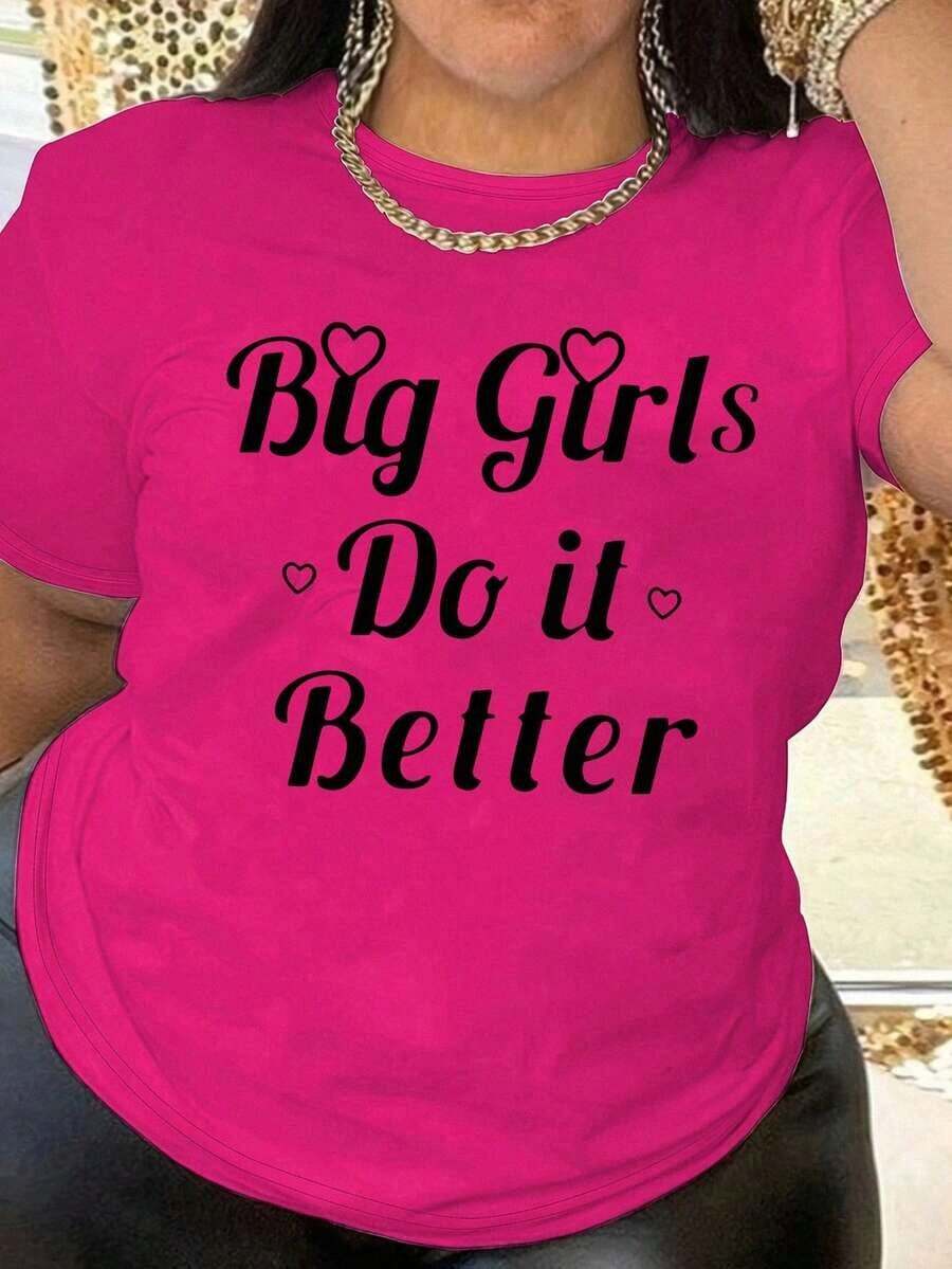 Large Letter  Printed T-Shirt, Casual Round Neck Short Sleeved T-Shirt, Women's Plus Size Clothing Summer - 玫紅色 - 查看 1