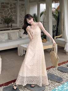 [Free Shipping] Women's Embroidered A-Line Long Dress, Sleeveless, Spaghetti Straps, Flared Hem, Woven Fabric, Casual Elegant Style - trắng - Xem 1
