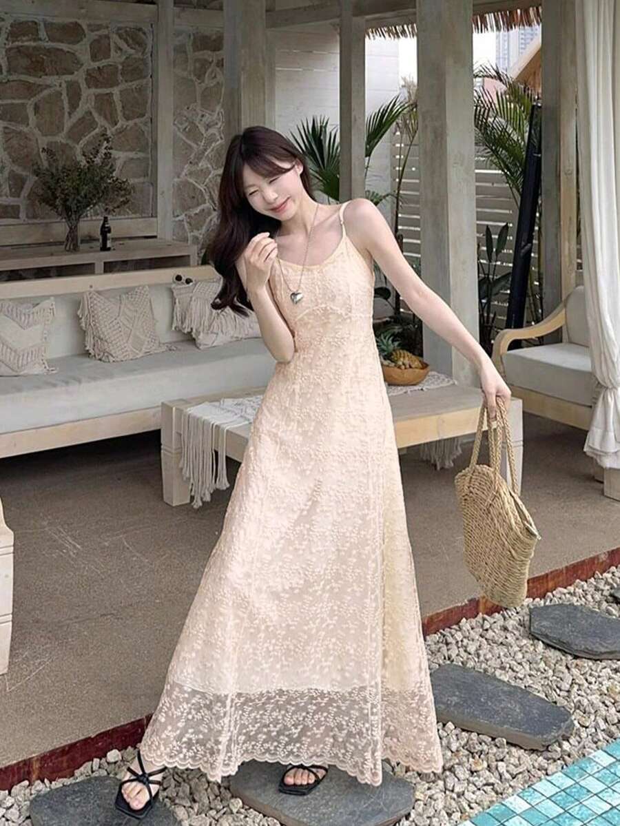[Free Shipping] Women's Embroidered A-Line Long Dress, Sleeveless, Spaghetti Straps, Flared Hem, Woven Fabric, Casual Elegant Style - trắng - Xem 1