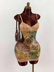 Amplova Lace Cup Detail Tropical Floral Mesh Bodycon Mini Dress Lace Trim Dress,Party Dress - 多色 3 - 查看 2