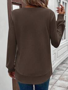 Crew Brown Neck Waffle Knit Long Sleeve Top For Women, Asymmetrical Hem Casual Comfy Basic Tee, Soft Summer Daily Outfit - 棕色 - 查看 2
