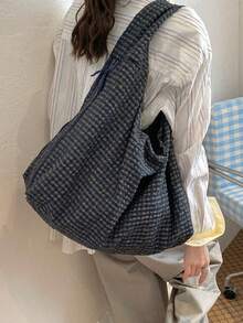 复古小格纹褶皱大容量手提包，宽松休闲百搭女士单肩包，艺术森系格纹手提包，休闲百搭购物布袋，学院风学生书包，短途旅行包，多口袋分区布袋 - 藏蓝色 - 查看 9