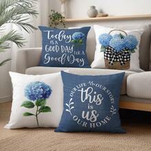 4pcs Vintage Blue Hydrangea Home Throw Pillow Covers, Single-Sided Printed Peach Velvet, 45*45CM/18*18inch Cushion Covers Suitable For Modern Minimalist Sofa Living Room Decor, Gift, Party Decoration - Multicolor - View 8