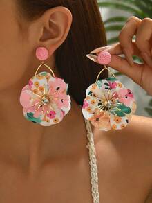1 Pair Elegant Floral Double-Layer Earrings For Women, Lightweight Luxury Daisy Flower Earrings, Vintage Dopamine Floral Dangle Earrings, Perfect For Beach Holidays, Vacations, Daily Wear, Parties & All Casual Occasions - Hồng - Xem 3