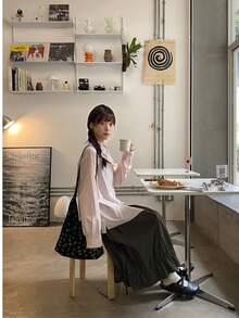 女士休闲抽绳A字裙，松紧腰长款伞裙，春夏款 - 軍綠色 - 查看 7