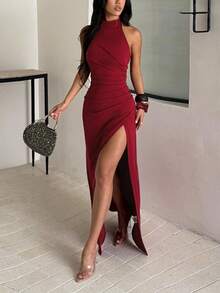 Vestido de verano para mujer Onicee, color vino tinto, cintura ceñida, cuello halter, abertura alta, vestido de fiesta, vestido elegante, adecuado para carnaval, citas, reuniones, fiestas, viajes, vacaciones, playa y otras ocasiones - Burdeos - Ver 4