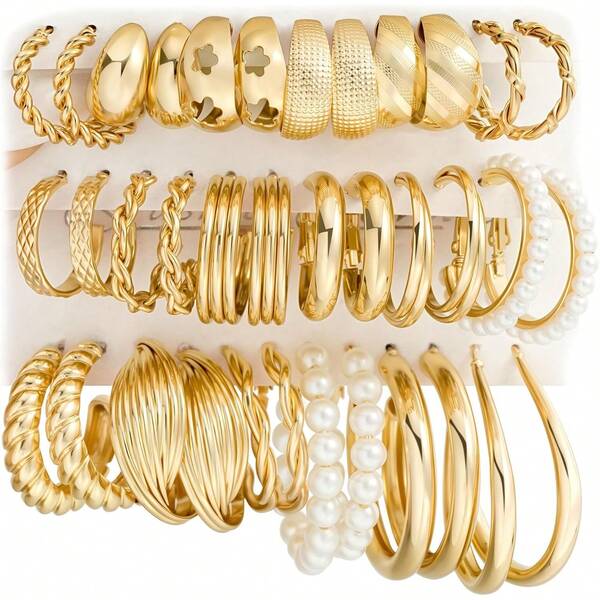 Gold Hoop Earrings Set Women, 18 Pairs Statement Open Pearl Hoops Earring Multipack, Gold Chunky Hoop Earrings Women Jewelry