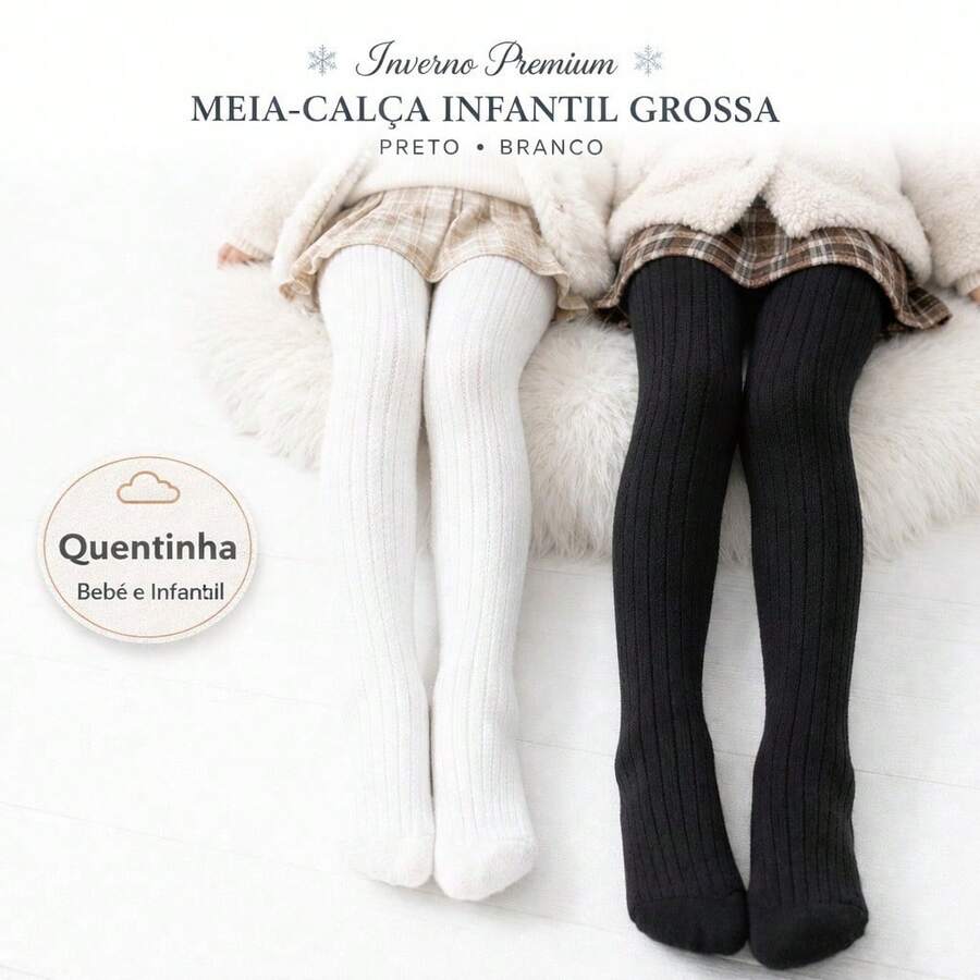 Kit 2 Meias Calça Bebê e Infantil Grossa Inverno Quentinha Feminina - 1 Branca e 1 Preta - Visão 1
