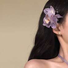 1pc,Purple Flower Hairpin For Women, Fairy Vacation Style Side Clip, Beach Photo Hair Accessory - 紫色 - 查看 2