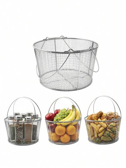 1 pieza Cesta coladora redonda de acero inoxidable 304, tamaño grande de 11 pulgadas, malla fina de 5-6 mm, multifuncional para freír, hervir fideos, cocinar al vapor, drenar aceite de cocina, gran capacidad para freír papas fritas, hervir fideos, lavar verduras, almacenamiento, herramienta versátil de cocina